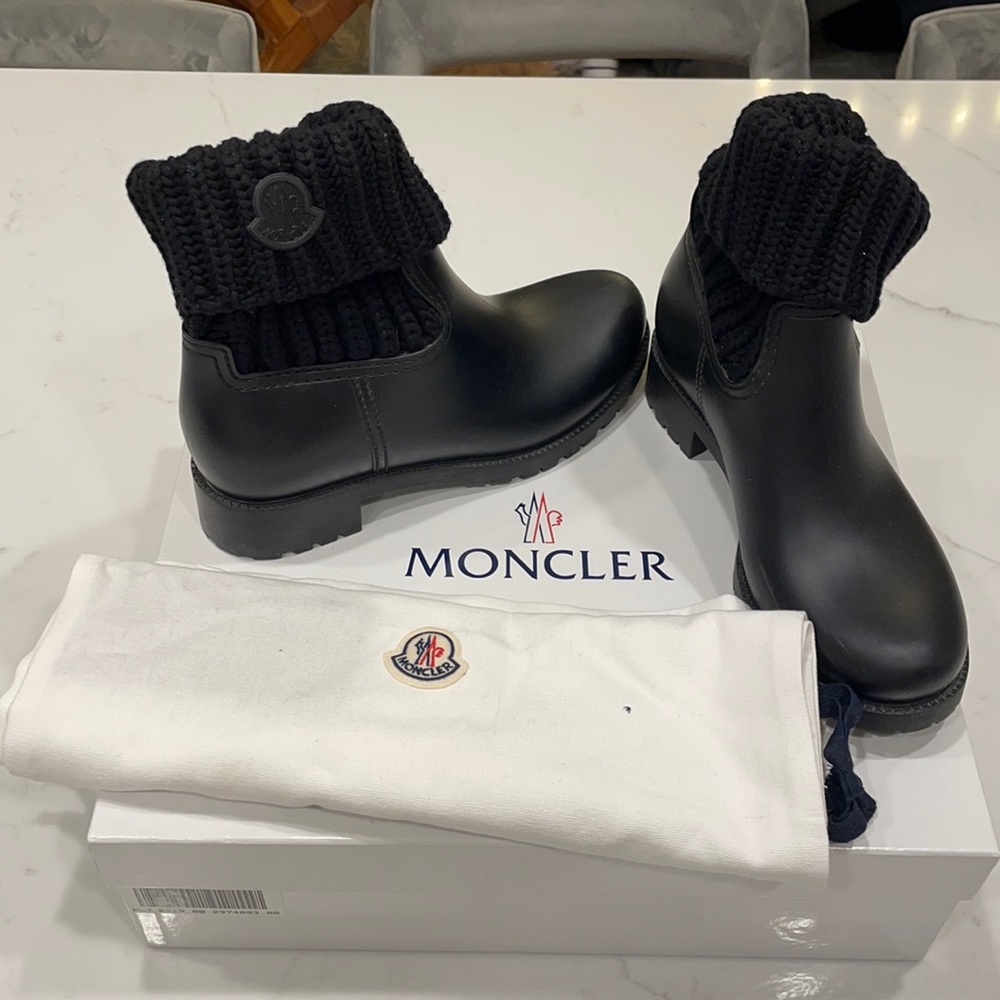 Moncler Ginette Knit Cuff Leather Rain Boot